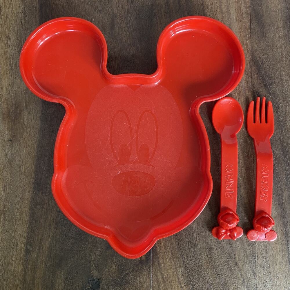 Vintage Tupperware Disney Mickey Mouse Red Face Plate w/ Fork Spoon USA Made